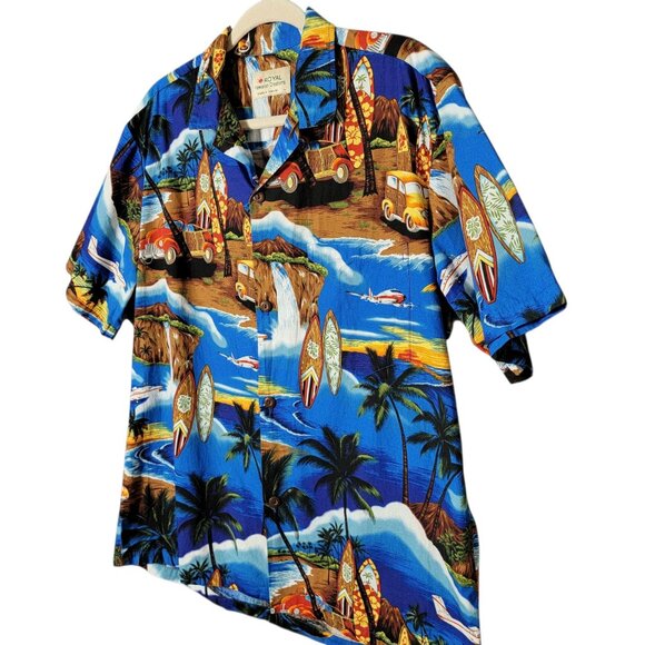 Royal Hawaiian Creations Mens Surfboard Palm Trees Cotton Button Up Shirt L - Picture 2 of 8